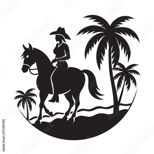Cowgirl Riding Horse Along Palm Beach Path Silhouette