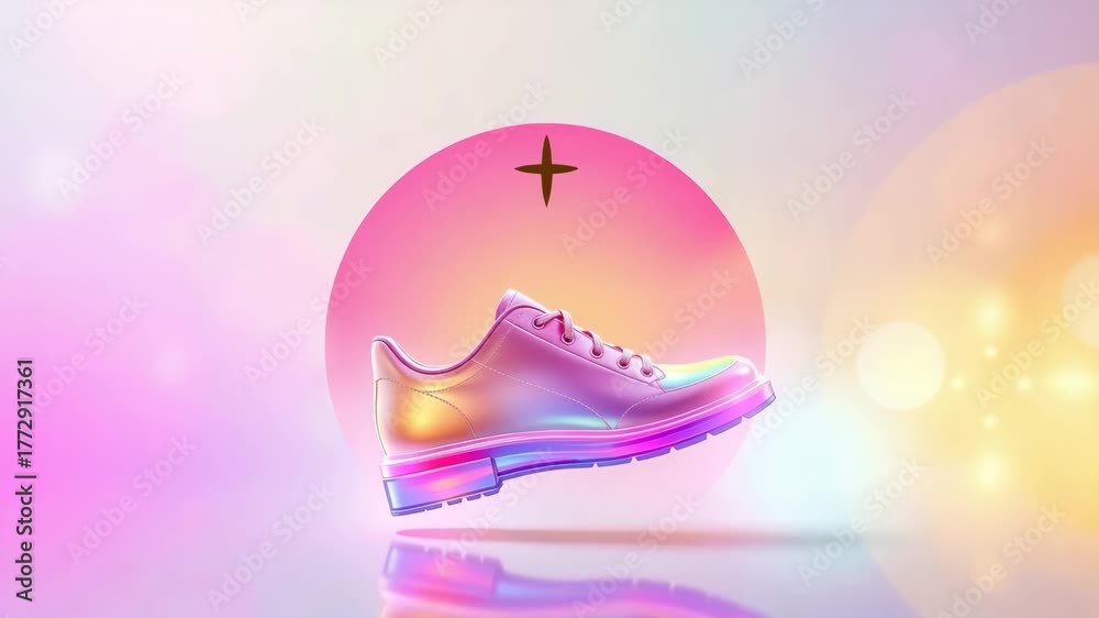 A futuristic sneaker with an iridescent surface hovers against a backdrop of pastel neon circles. The shimmering design and holographic reflections create an atmosphere of magic and technology.