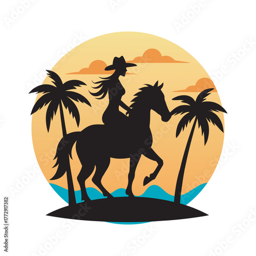 Cowgirl Riding Majestic Horse On Palm Beach Silhouette
