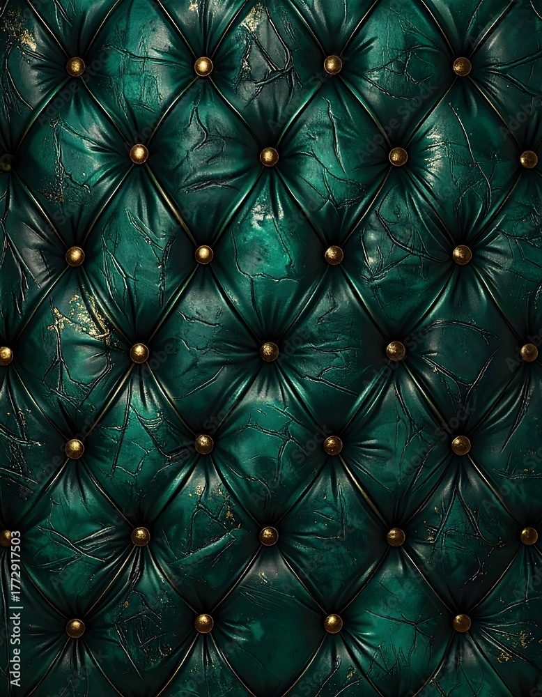 Obraz premium Close-up of luxurious, emerald green, quilted leather upholstery with golden button accents
