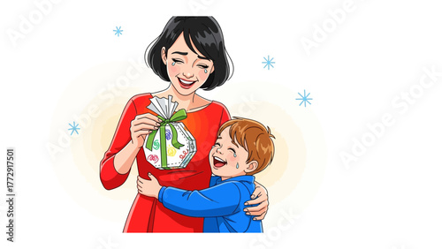 Heartfelt Gift Giving: A mother embraces her son as they share a moment of tender joy, the boy clutching a wrapped gift adorned with a delicate ribbon, filled with heartfelt sentiment.