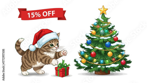 Festive Feline Christmas: An adorable kitten adorned in a Santa hat, interacting playfully with a decorated Christmas tree and a wrapped gift, embodies the joyful spirit of the holidays. 