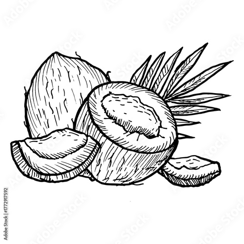 Hand drawn coconut line art drawing with whole fruits, half and pieces, coco leaf isolated on transparent background. Vintage sketch of tropical fruit - coconut. Perfect for food, cosmetic, textile, f