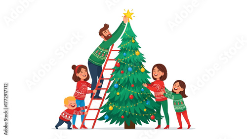 Family Adorns the Christmas Tree: A joyous family gathers, festively decorating their Christmas tree, creating a heartwarming scene filled with holiday cheer and familial bonding.