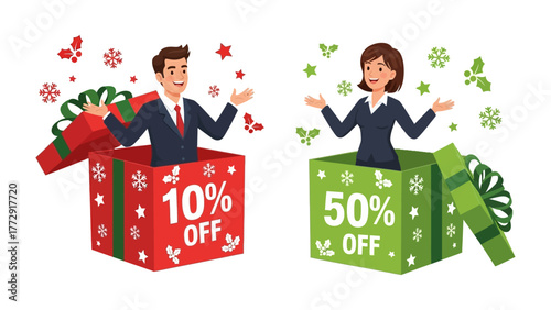 Holiday Deals: The image showcases a festive seasonal promotion, where a man and a woman are emerging from gift boxes. One box offering a discount, emphasizing seasonal offers.