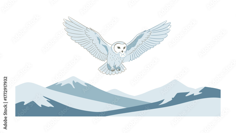 Naklejka premium Majestic Flight: An illustration of a snowy owl soaring gracefully above snow-covered mountains, its wings spread wide, embodying freedom and resilience.
