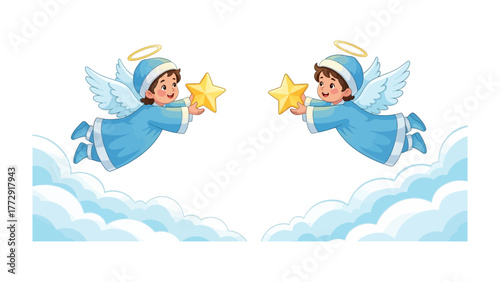 Celestial Guardians: Two angelic figures, cloaked in soft blue and adorned with golden halos and feathered wings, gently hold celestial stars, floating among fluffy clouds.