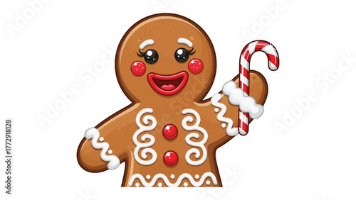 Gingerbread Man's Holiday Delight: A charming gingerbread man, adorned with sweet icing and a cheerful smile, holds a festive candy cane in a heartwarming scene