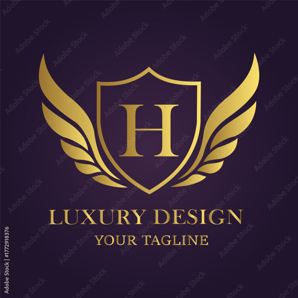Obraz premium Elegant golden shield with wings and letter h, symbolizing luxury, prestige, and exclusive design for branding and corporate identity