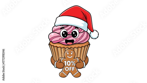 Festive Cupcake: A cheerful cupcake wearing a Santa hat, embracing a gingerbread man offering a discount, embodies holiday cheer. 