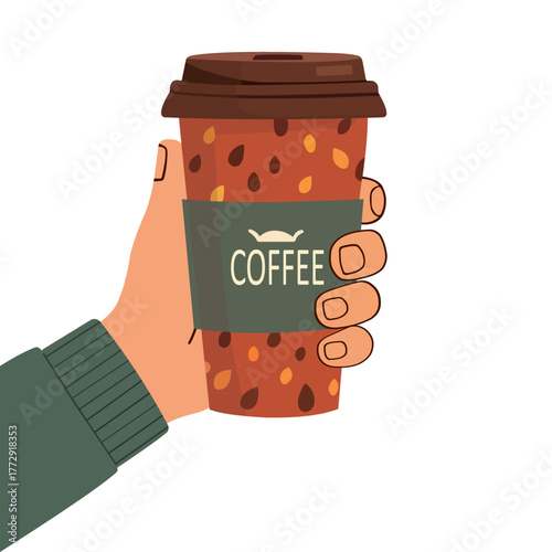 Autumn Cozy Coffee Cups in Hands – Flat Vector Illustration of Hot Drinks and Fall Leaves