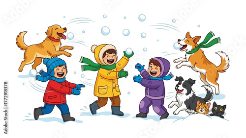 Snowball fight with friends and pets: Capturing the joyous spirit of winter, children and their furry friends engage in a playful snowball fight.