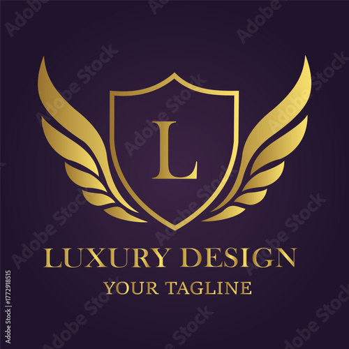 Opulent golden shield with wings and letter l, conveying highend quality, distinguished style, and brand recognition, on a dark plum background
