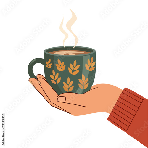 Autumn Cozy Coffee Cups in Hands – Flat Vector Illustration of Hot Drinks and Fall Leaves