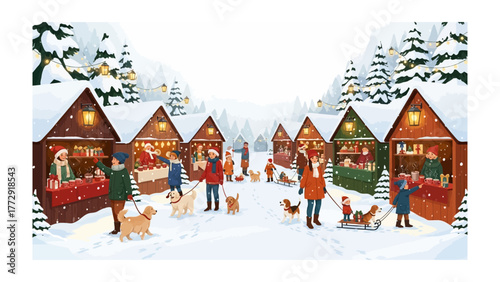 Winter Wonderland Market: A festive scene unfolds in a snowy winter market, with charming wooden stalls adorned with twinkling lights. Joyful people, many accompanied by their canine companions.