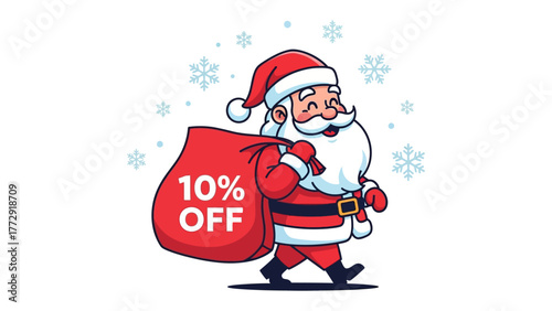 Santa's Special: Cheerful Santa Claus strolls forward, a jovial figure laden with a sack of treats, offering a tempting 10% discount, bringing the spirit of Christmas.