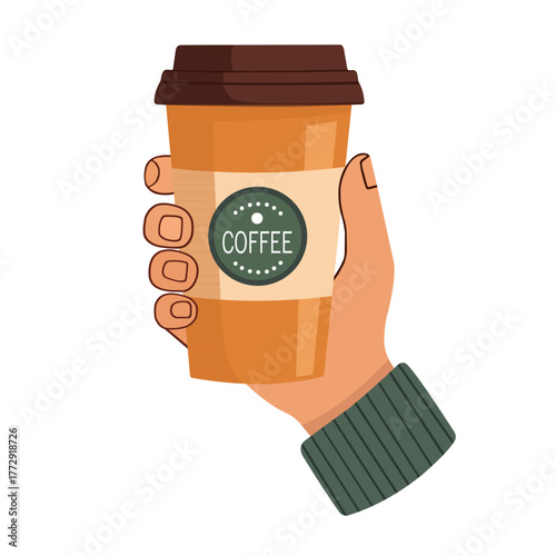 Autumn Cozy Coffee Cups in Hands – Flat Vector Illustration of Hot Drinks and Fall Leaves