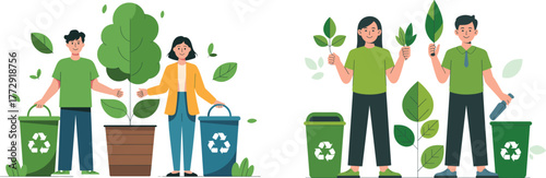 People Recycling, Tree Planting, and Environmental Protection Flat Vector Illustration Set