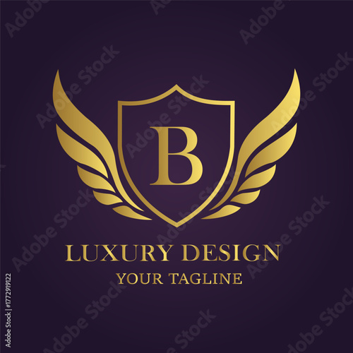 Golden letter b emblem with wings on a dark purple background, luxury design and tagline text
