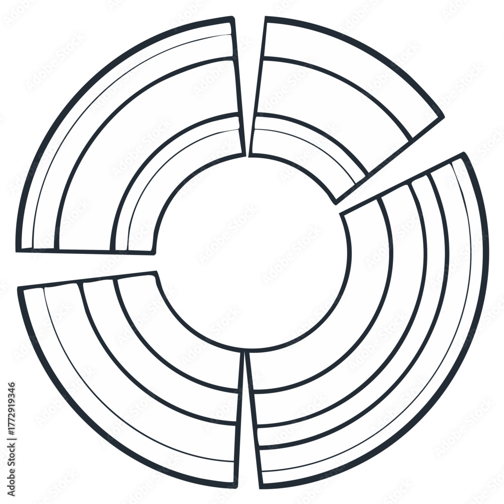 Fototapeta premium Abstract circular graph with four disconnected segments and concentric internal rings outline