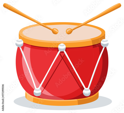 Classic red toy drum with wooden drumsticks vector illustration of a musical instrument