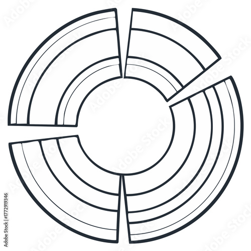 Abstract circular graph with four disconnected segments and concentric internal rings outline