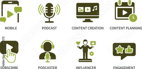 Creative flat vector icons illustrating modern content creation, social platforms, and video production tools. Ideal for influences, marketers, and digital creators.