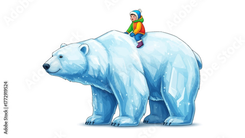 Whimsical Journey: A child embarks on an imaginative adventure, riding atop a majestic polar bear against a backdrop of icy wonder, igniting the spark of childhood dreams.