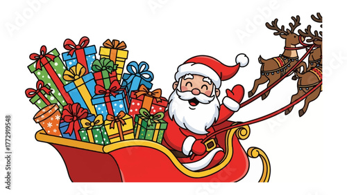 Santa's Festive Ride: Santa Claus joyfully rides his sleigh laden with Christmas presents, reindeer pulling the sleigh through the air. A whimsical depiction of holiday cheer and gift-giving spirit.
