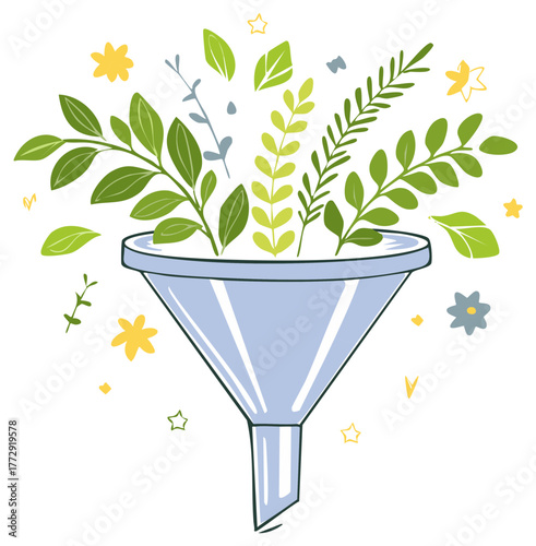 Nature's funnel collecting green foliage, leaves, and small flowers, symbolizing growth and filtering.