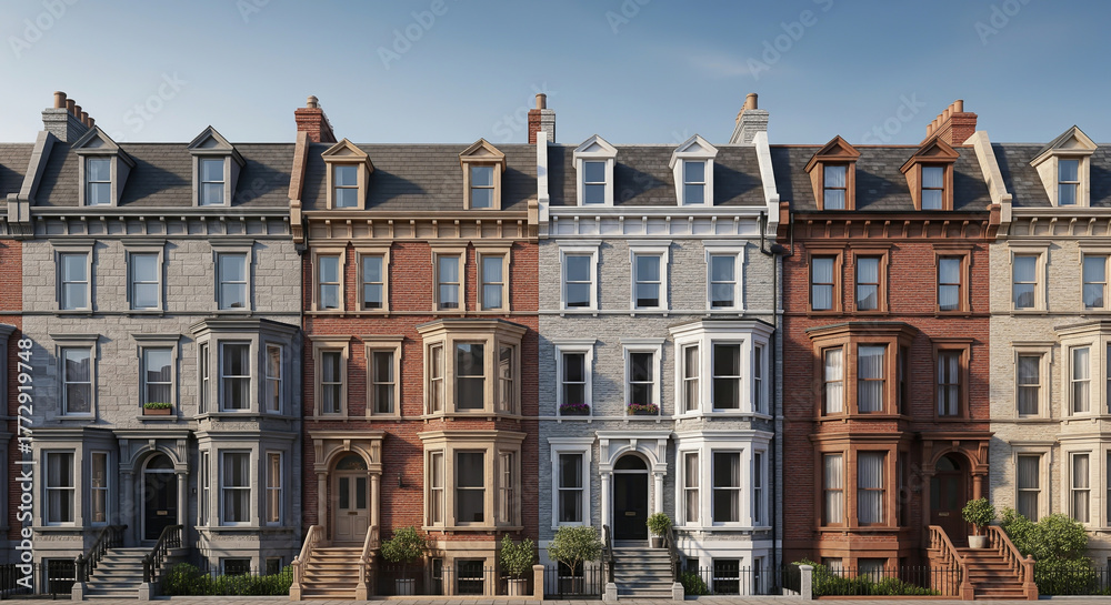 Naklejka premium A straight-on view of a row of colorful, multi-story brick and stone terrace houses (townhouses) in a European city. Ideal for real estate, urban living, and architectural design.