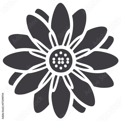 Monochrome Flower Silhouette with Central Pollen and Radiating Petals in Simplified Form