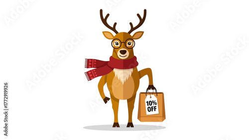  Festive Reindeer Shopping Spree: A whimsical reindeer sporting spectacles, a cozy scarf, and a shopping bag, perfect for festive shopping deals and holiday promotions.
