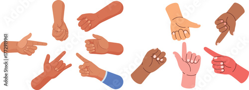 Diverse Hands Pointing, Rock Sign, and Direction Gestures Flat Vector Set
