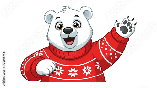 Polar Bear's Warm Welcome: A cheerful polar bear in a cozy red sweater waves hello, creating a heartwarming scene of festive joy and friendly greetings.