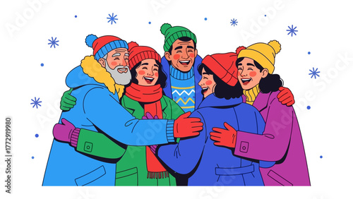 Heartwarming Embrace: A group of warmly dressed individuals, radiating joy, embraces during a festive winter season, surrounded by playful snowflakes.