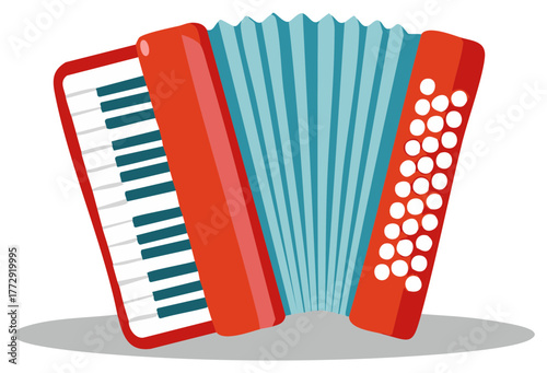 Vibrant red accordion with blue bellows, showcasing piano keys and bass buttons, a classic musical instrument