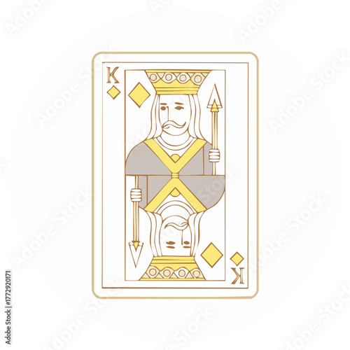 Elegant King of Diamonds playing card with a minimalist line art design in gold and grey