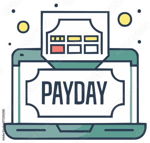 Payday concept displayed on a laptop screen with check, money.