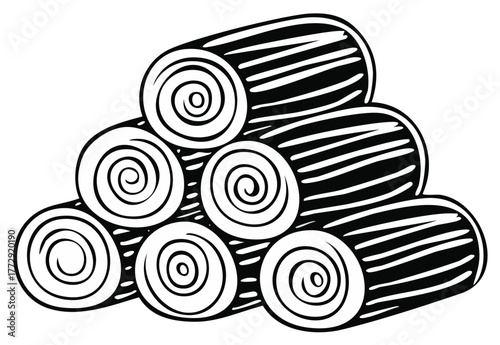 Stack of Rolled Hay Bales with Spiral Center in Black and White Drawing
