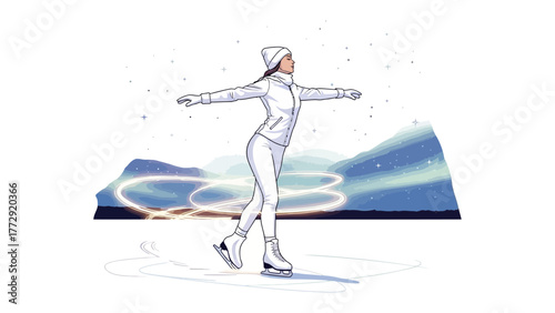Graceful Ice Skater: A graceful ice skater glides effortlessly across the rink, arms extended, capturing the elegance and artistry of winter sports. 
