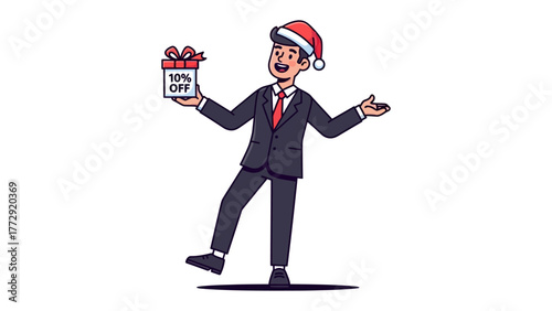 Holiday Offer: A cheerful figure in a Santa hat, holds a gift box with a prominent 30% off sign, embodying holiday cheer and the spirit of seasonal savings.