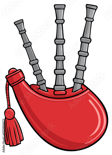 Cartoon illustration of a traditional red Scottish bagpipe musical instrument