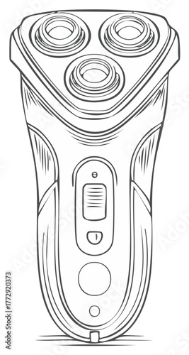 Line drawing of a rotary electric shaver with three cutting heads and ergonomic grip