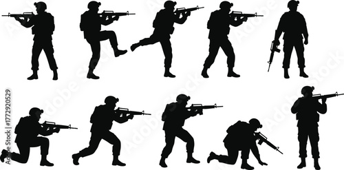 Armed soldier silhouettes, tactical stances, military combat poses, black illustration, rifle ready, training maneuvers, defense action, white background, warfare concept