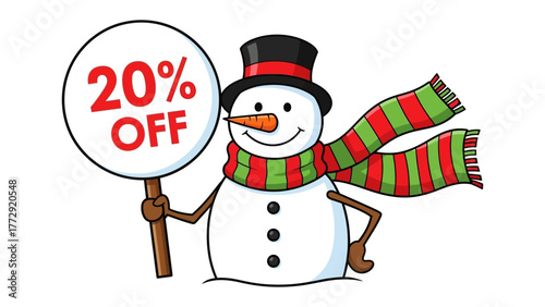 Festive Savings: A charming snowman cheerfully presents a sign with a seasonal discount, embodying the spirit of winter sales and joyful savings.