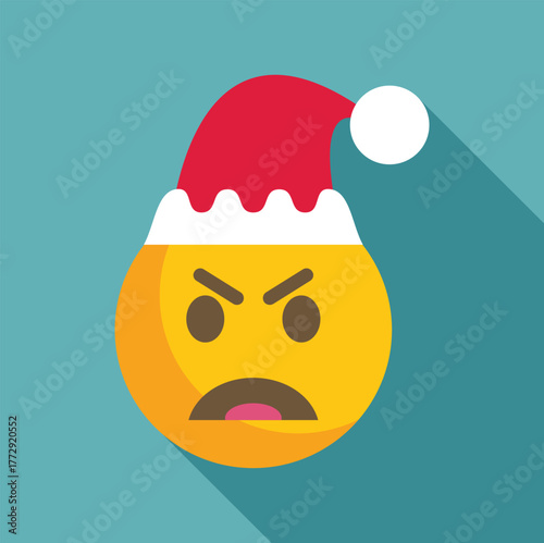 Yellow grumpy christmas emoji wearing santa hat expressing displeasure with long shadow on a teal background