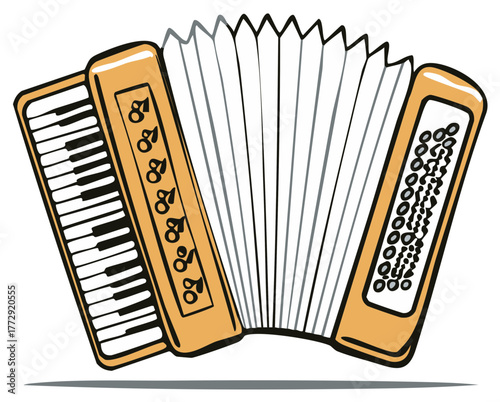 Classic piano accordion musical instrument with keyboard and bellows, vector illustration for folk music concept