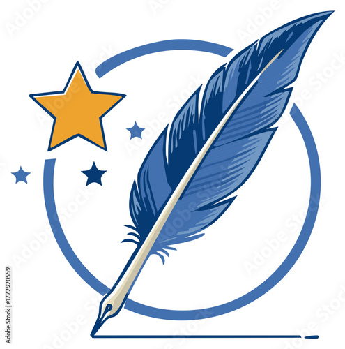 Blue feather quill writing tool with stars and circle symbolizing creativity and achievement