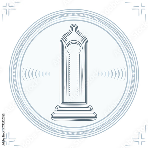 Stylized condom line art icon with waves in a circular frame vector illustration